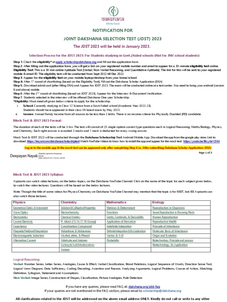 JDST 2023 Notification 25 July PDF Physics Chemistry