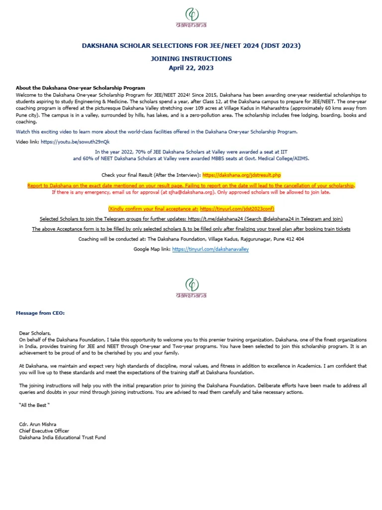 JDST Joining Instruction 2023 PDF