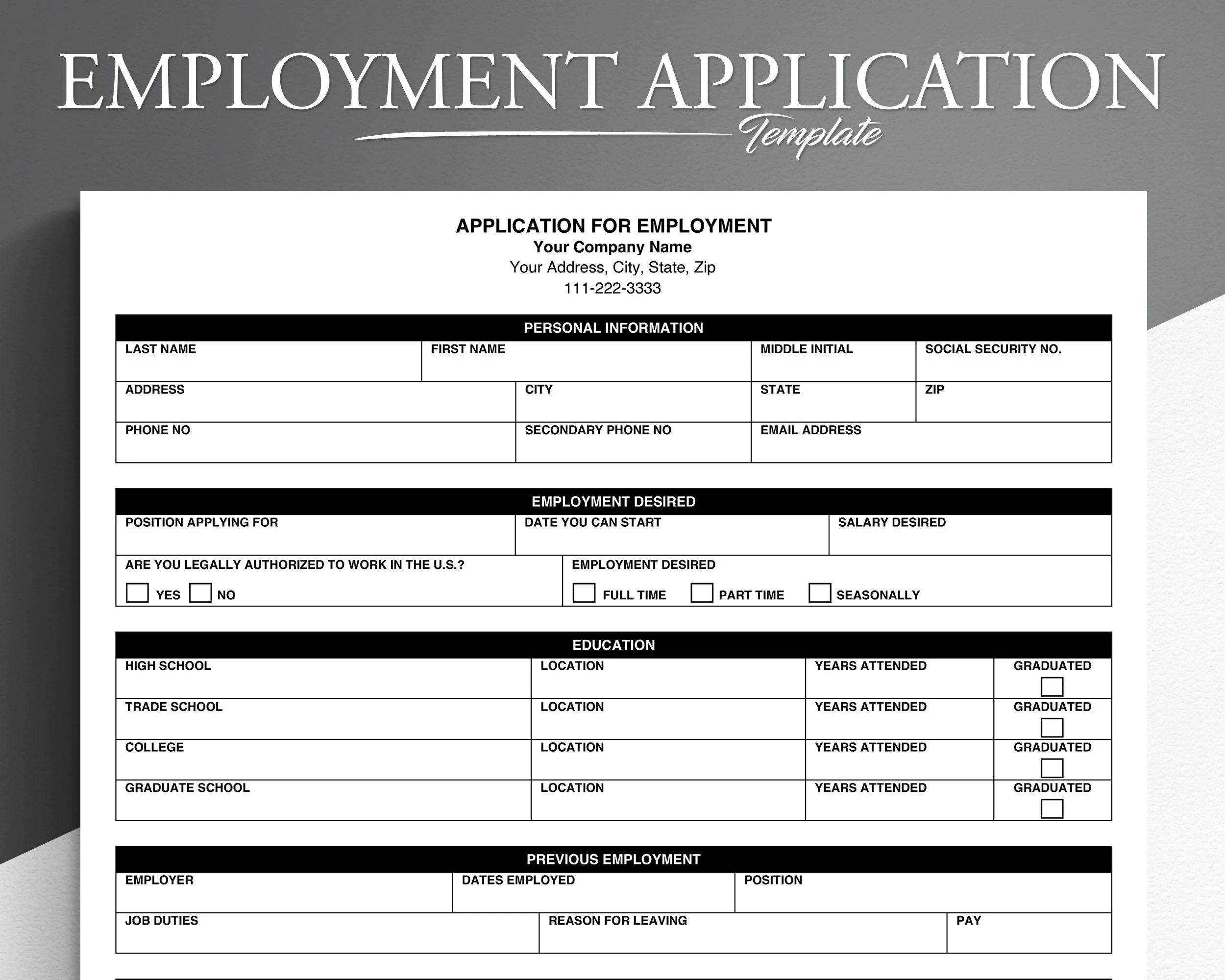Printable Job Application Template Pdf