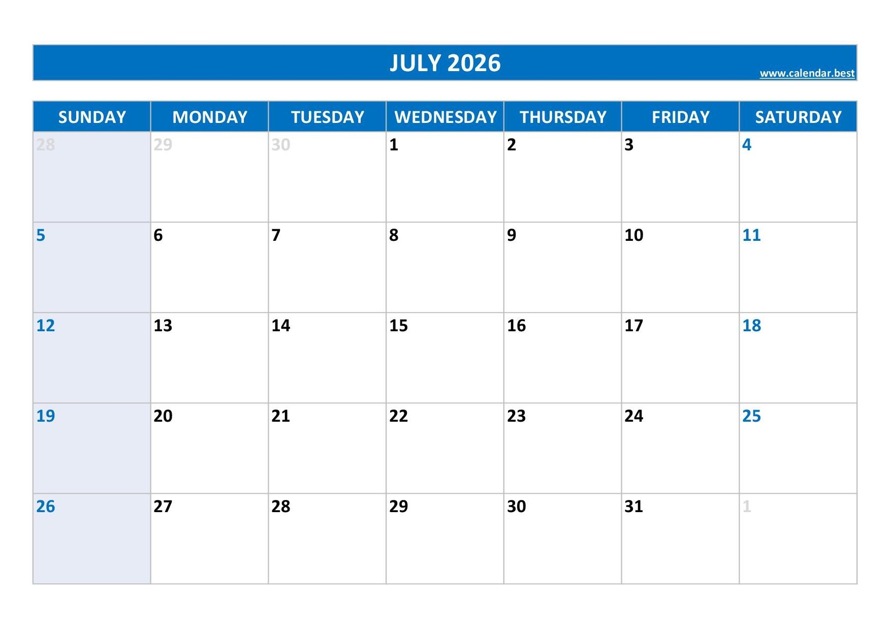 July 2026 Blank Calendar Pages