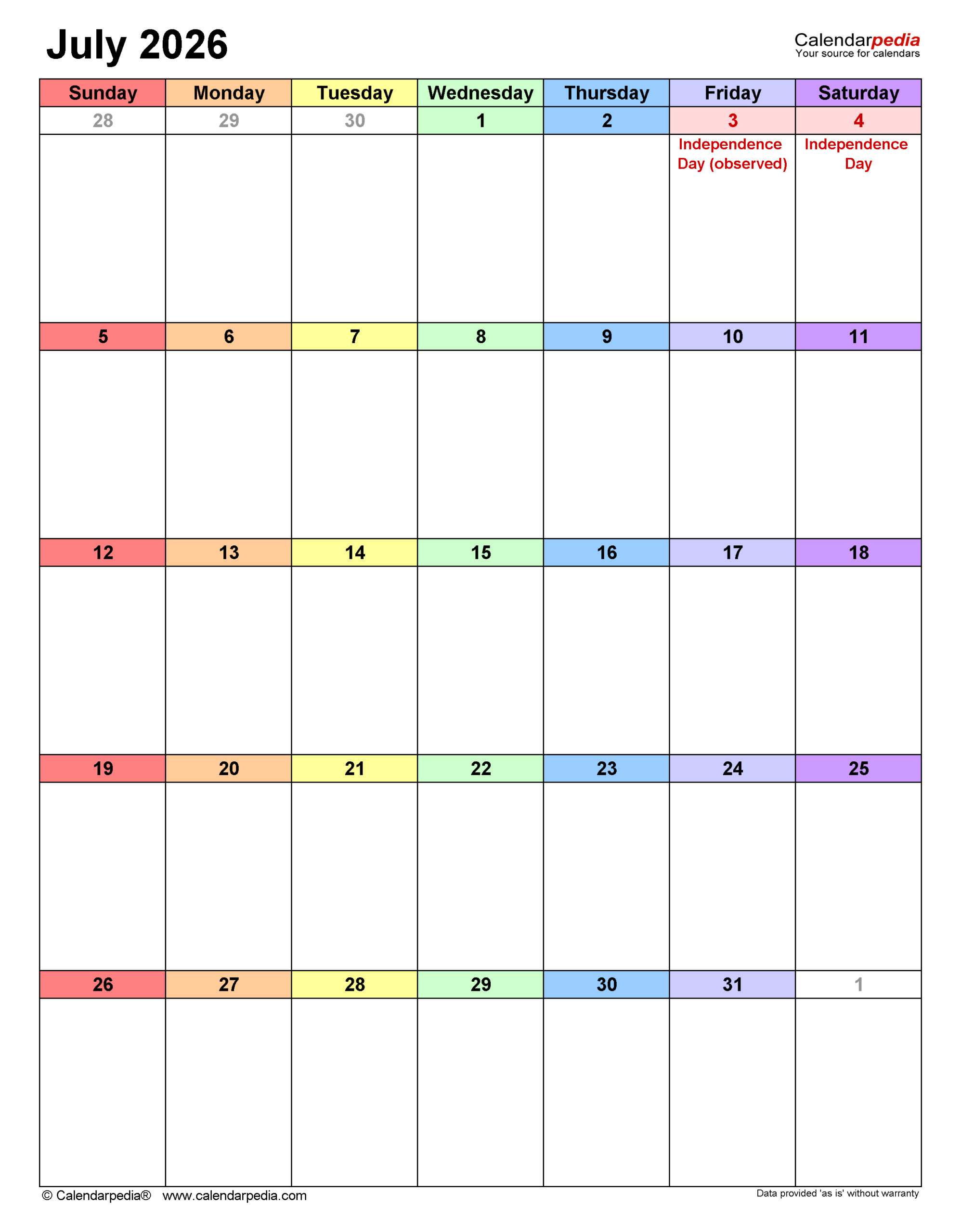 Blank July 2026 Calendar Portrait