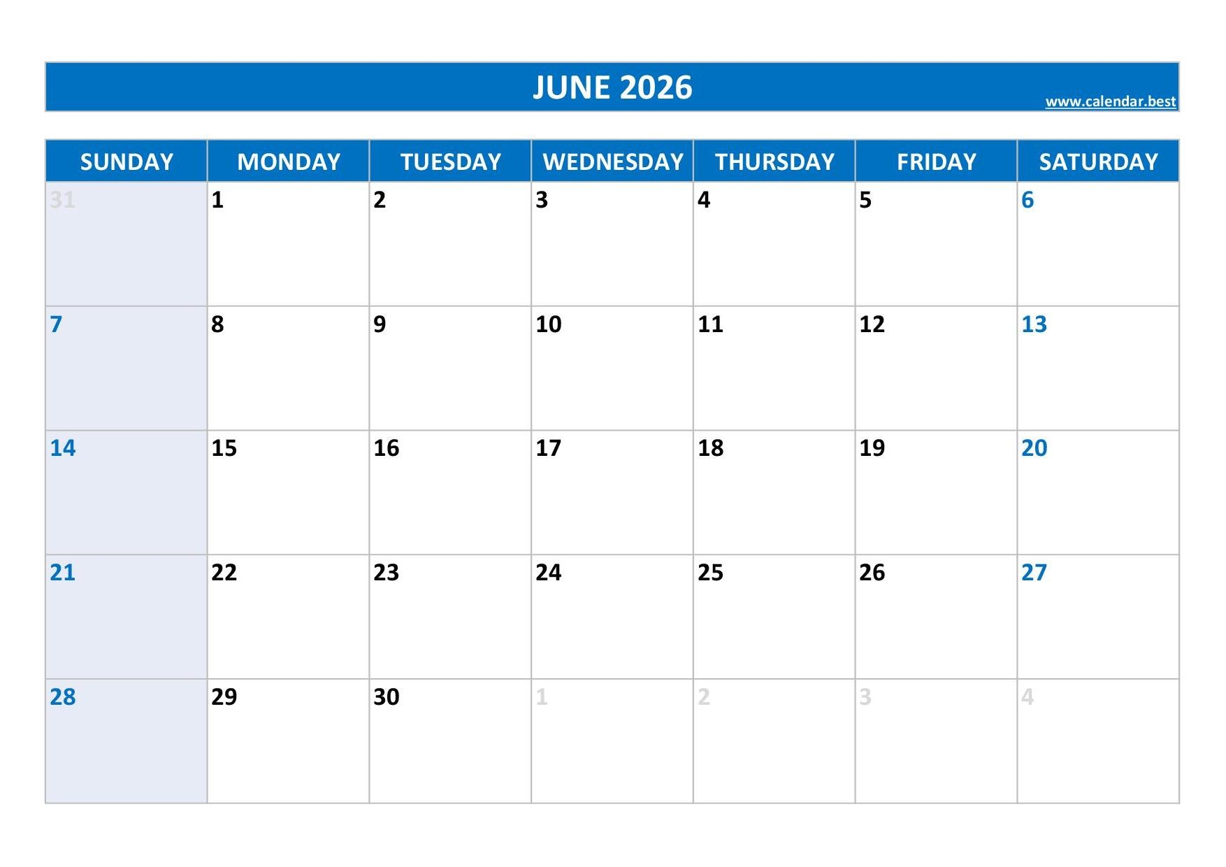 June Free Printable Calendar 2026 Blank