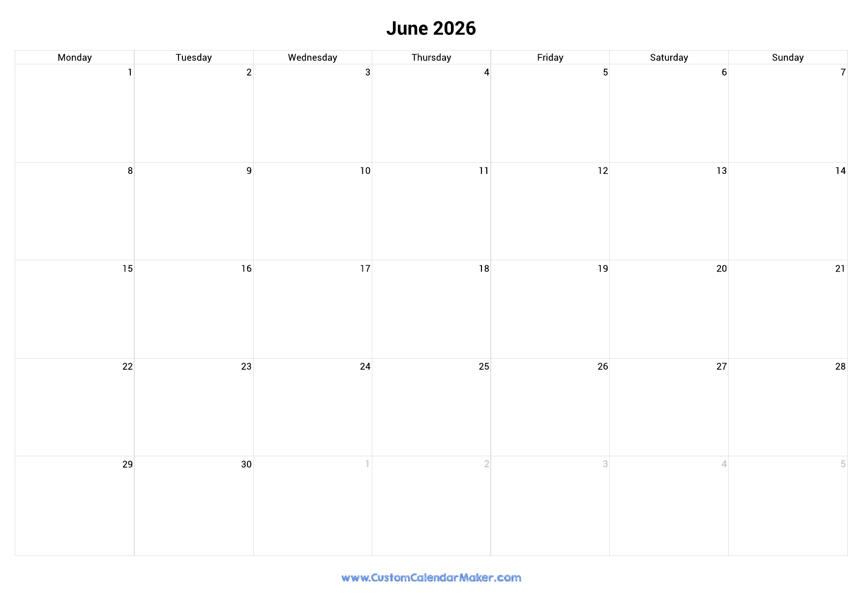 June 2026 Monday Start Calendar Monday To Sunday Custom 