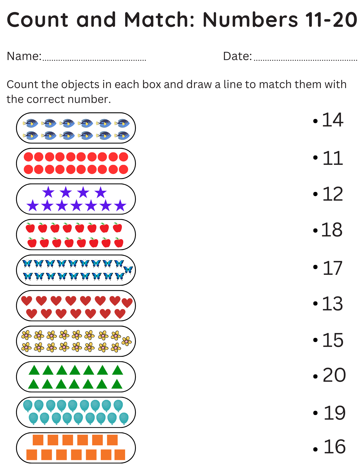 Kindergarten Count And Match Worksheets 11 20 Printable Numbers 