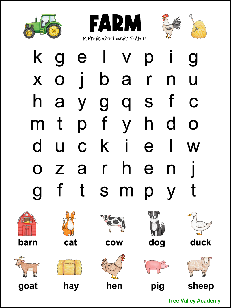 Kindergarten Word Searches Printable