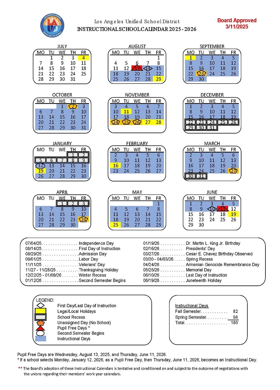  LAUSD Approved Calendar For The 2025 2026 School Year FUN 