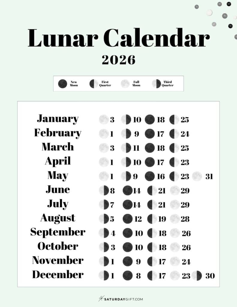 Lunar Calendar 2026 12 Moon Phase Calendar Printables