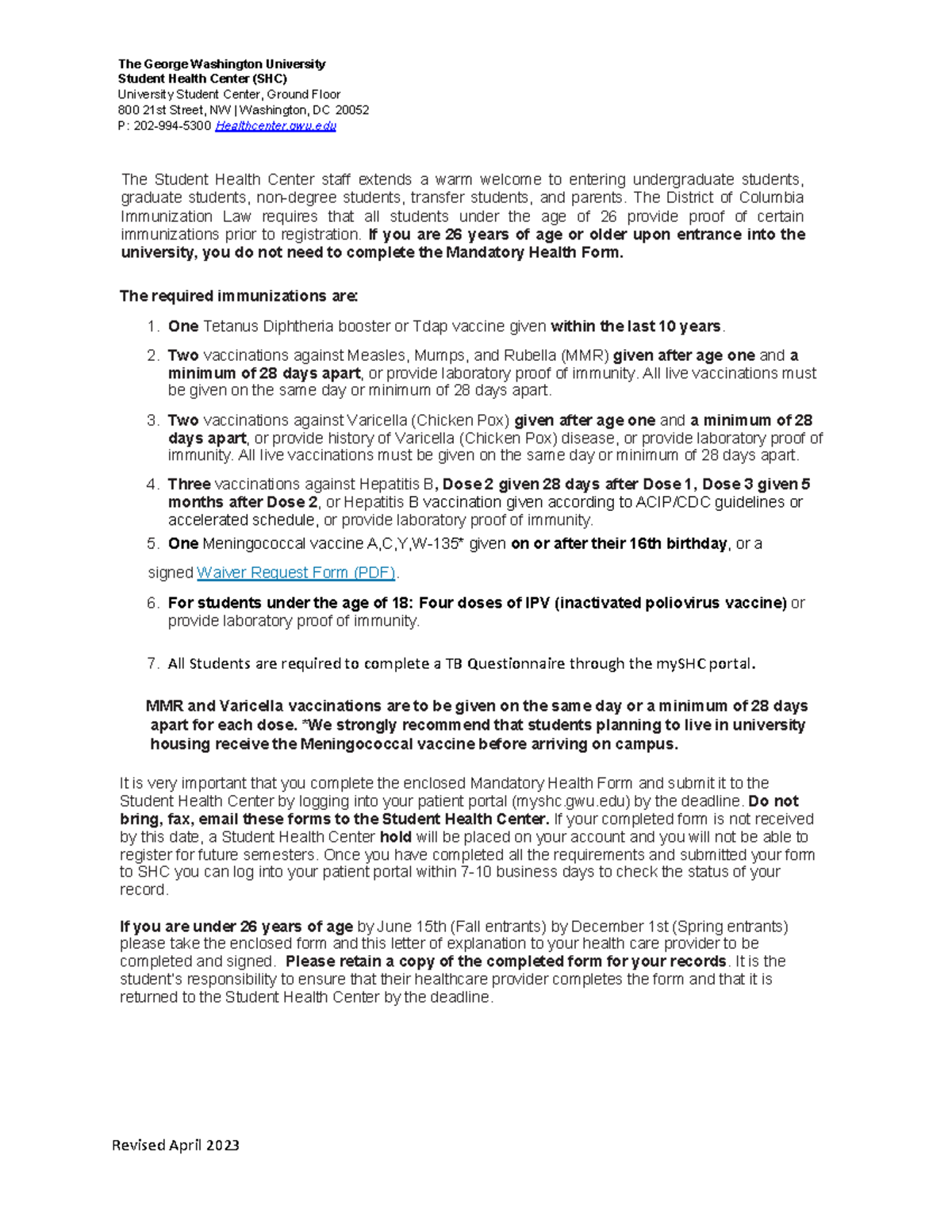 Mandatory Health Form Requirements For Fall 2023 Students Studocu