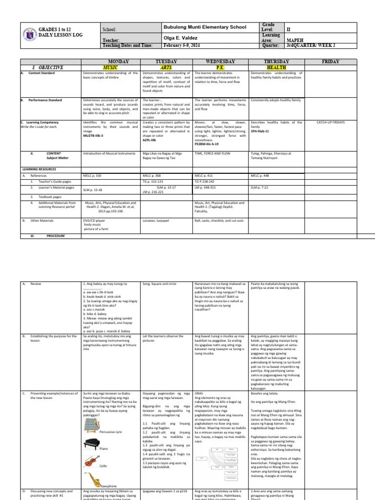 MAPEH Daily Lesson Log For Grade 2 PDF Qualia Sound