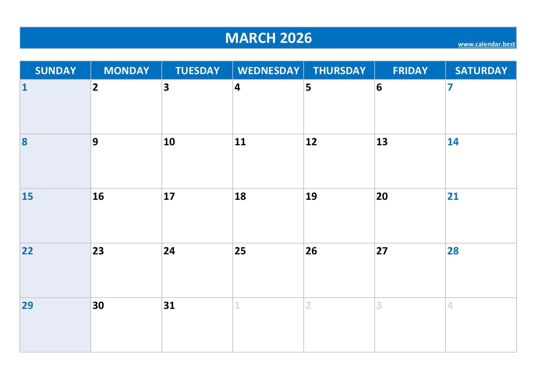 Blank March 2026 Printable Calendar