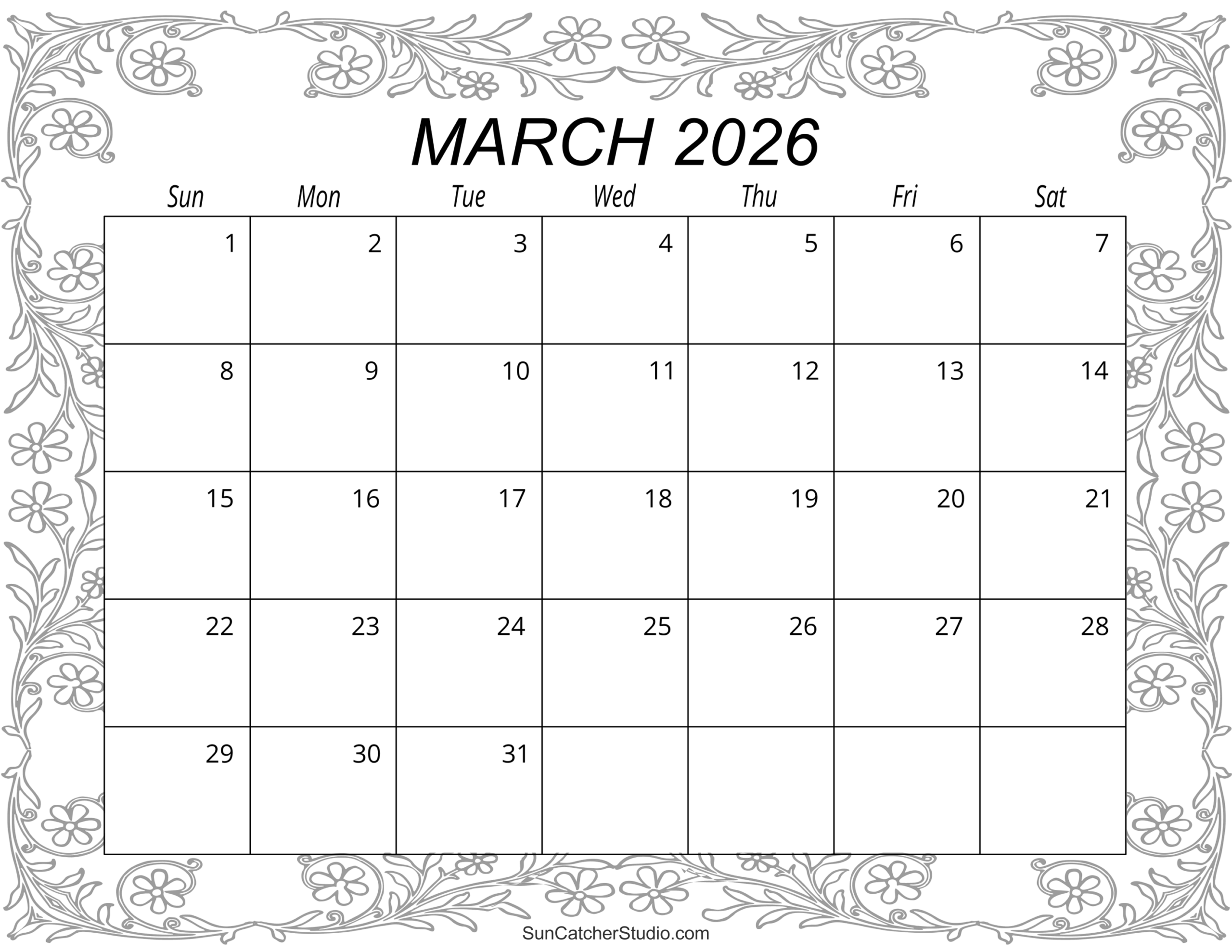 Printable Blank Calendar 2026 March