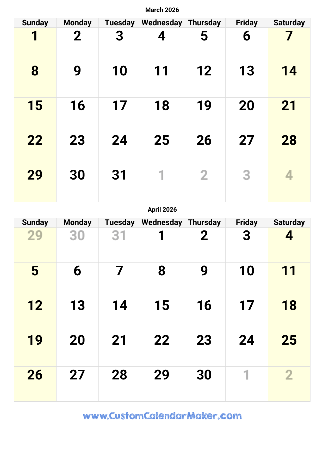 Printable Calendar March April 2026