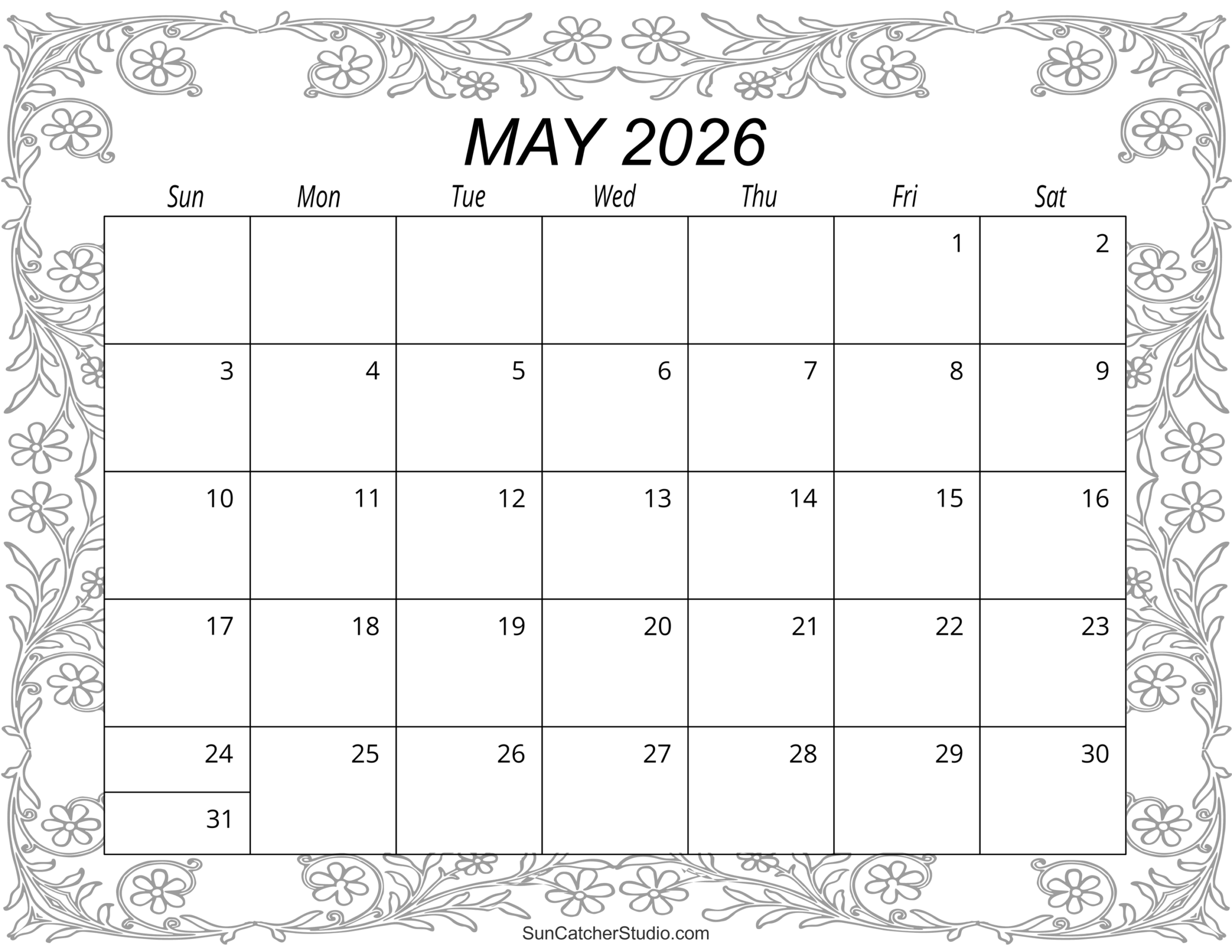 Blank Calendar 2026 May Printable