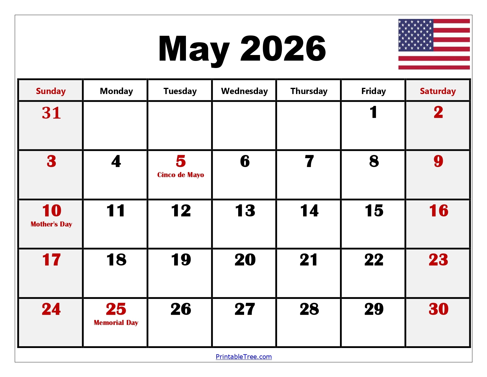Printable Blank May 2026 Calendar