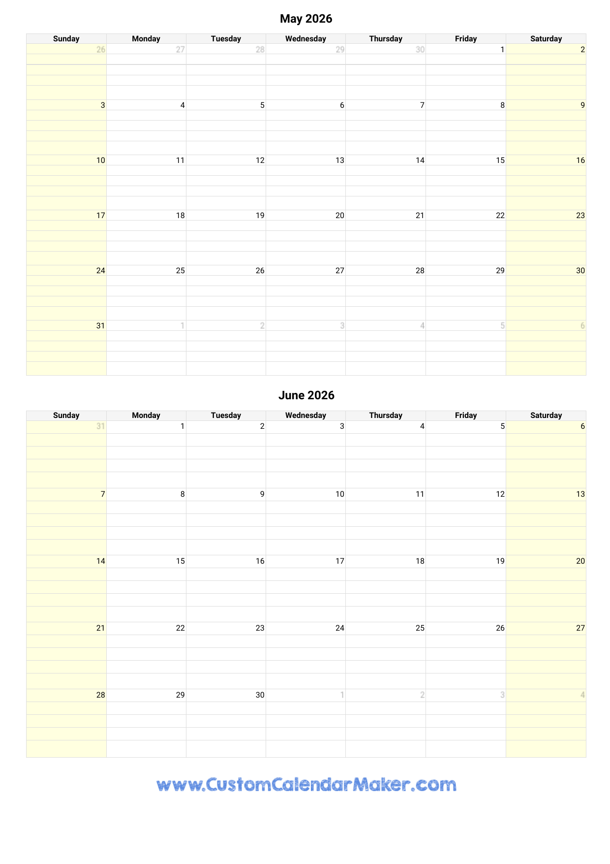 Printable Calendar May And June 2026