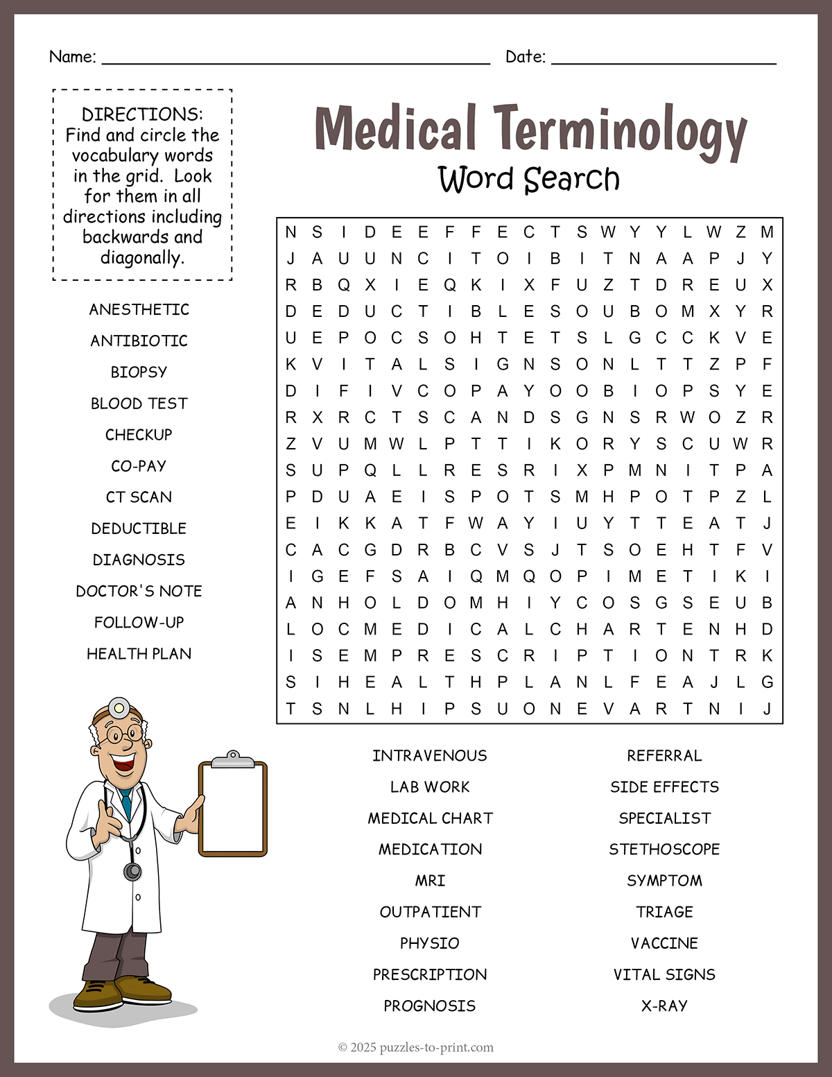 Medical Word Search Puzzles Printable