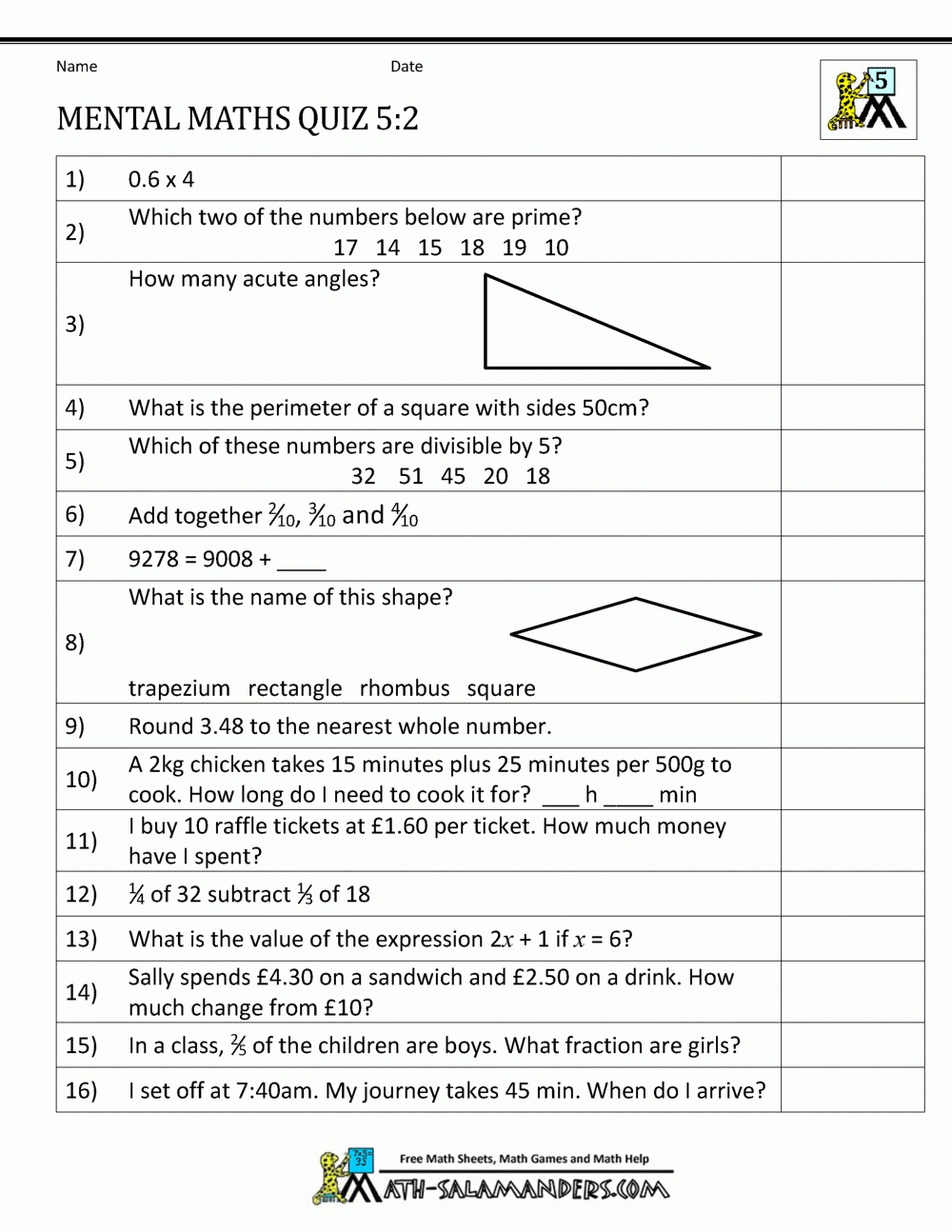 Mental Maths Practise Year 5 Worksheets