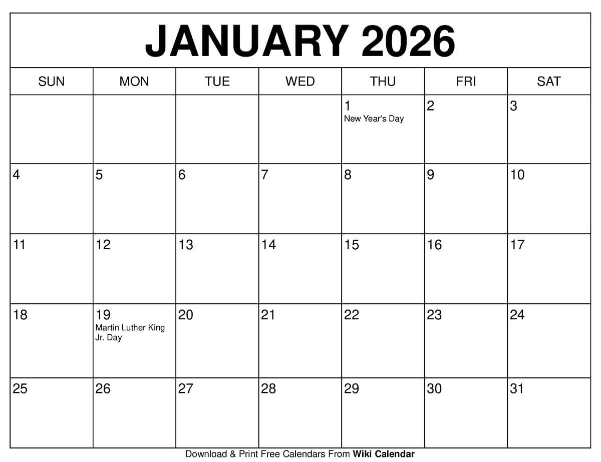 Monthly Calendar 2026 Free Printable Templates