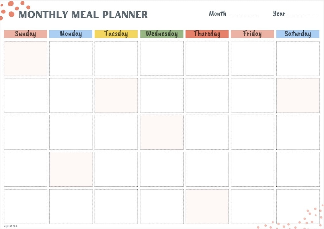 Blank Meal Calendar Months Printable