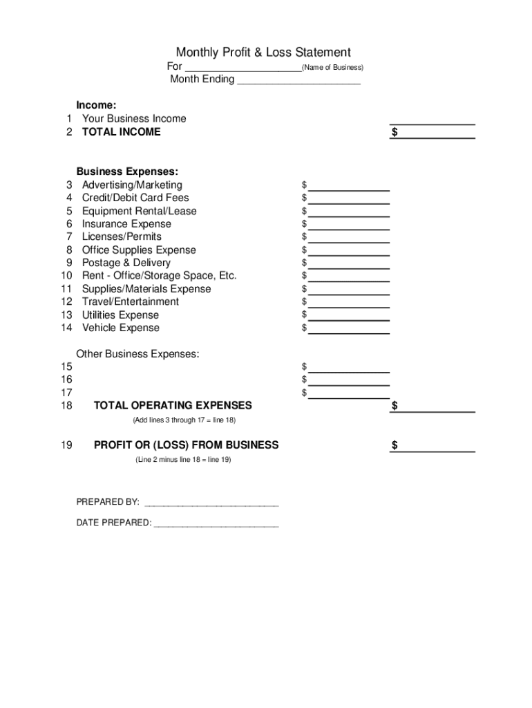 Printable Profit And Loss Statement Template