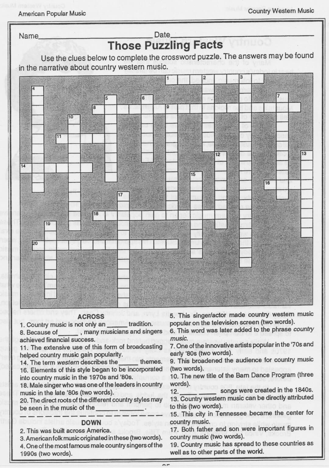 Country Music Crossword Puzzles Printable