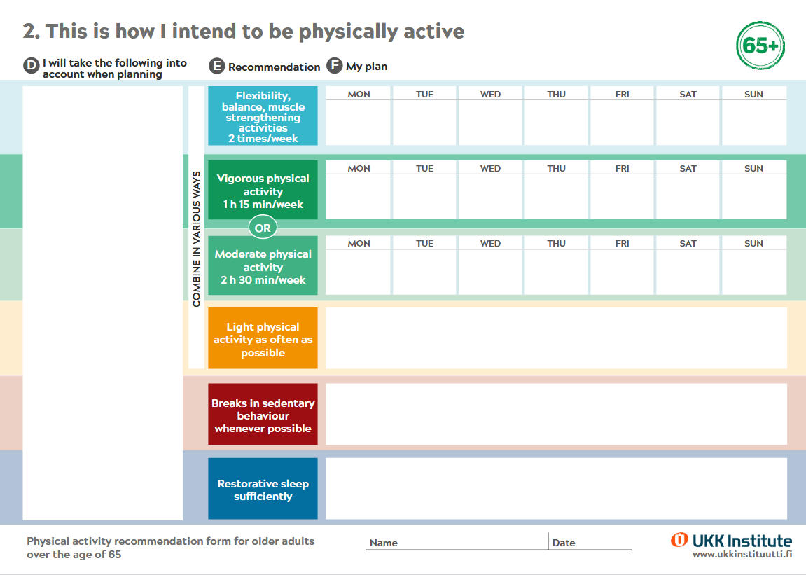 My Physical Activity Form For Over 65 year olds UKK instituutti
