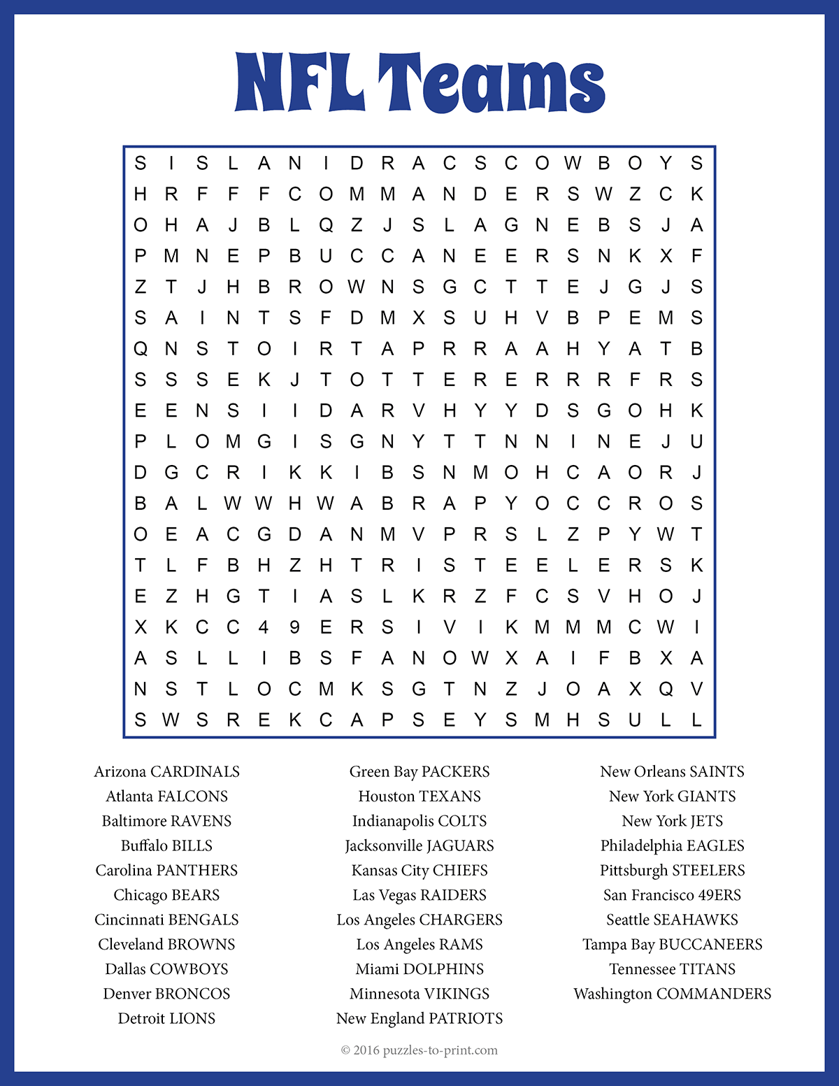 Crossword Puzzles Printable Nfl Teams