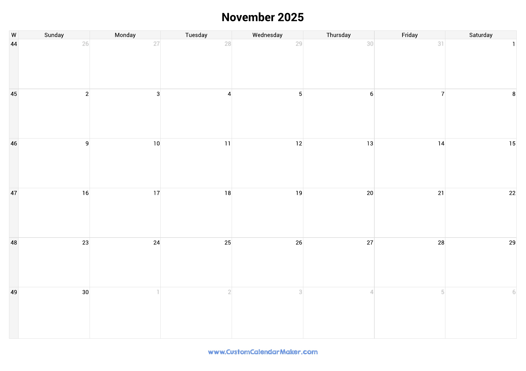 November 2025 Printable Calendar With Week Numbers Custom 