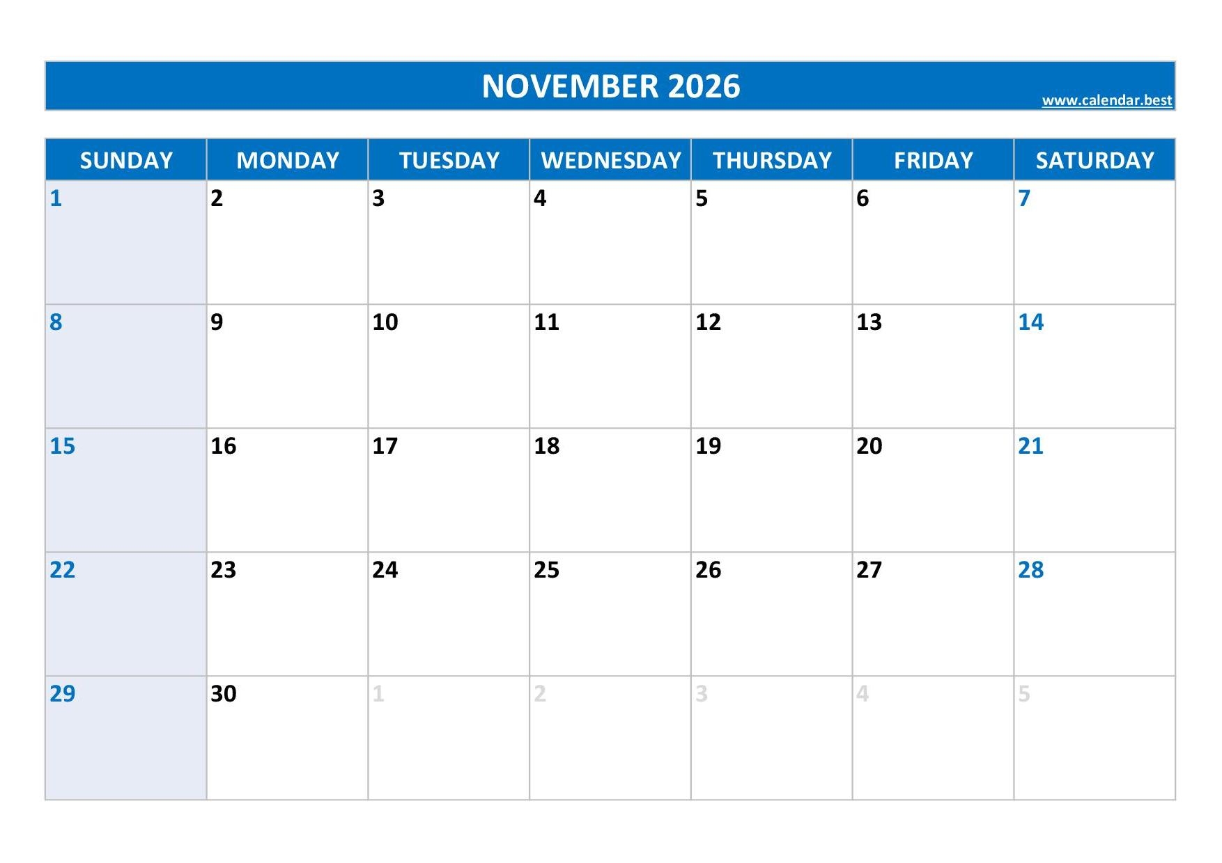 November 2026 Blank Calendar Printable