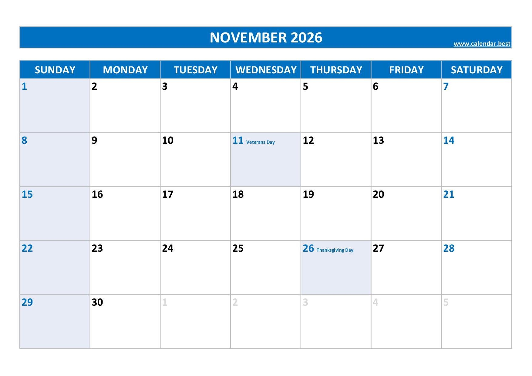 Calendar 2026 November 2026 Calendar Printable