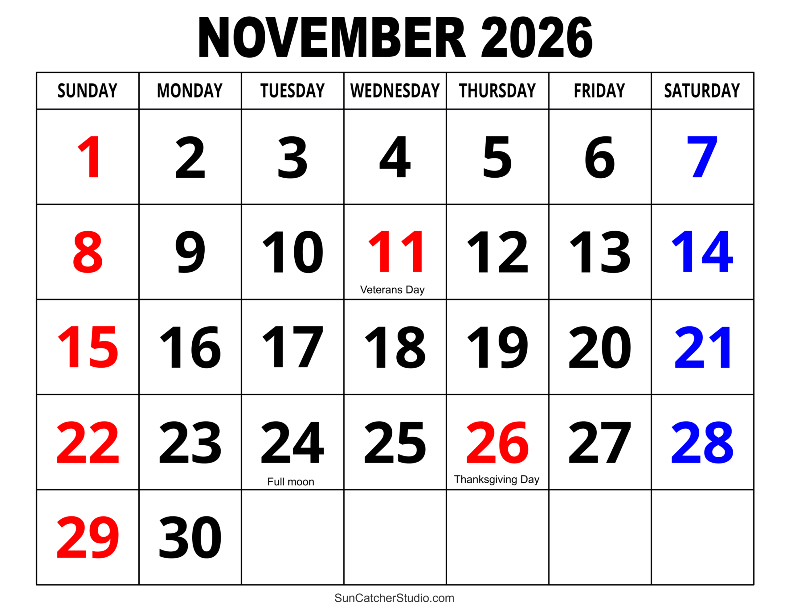 Printable Calendar Nov 2026