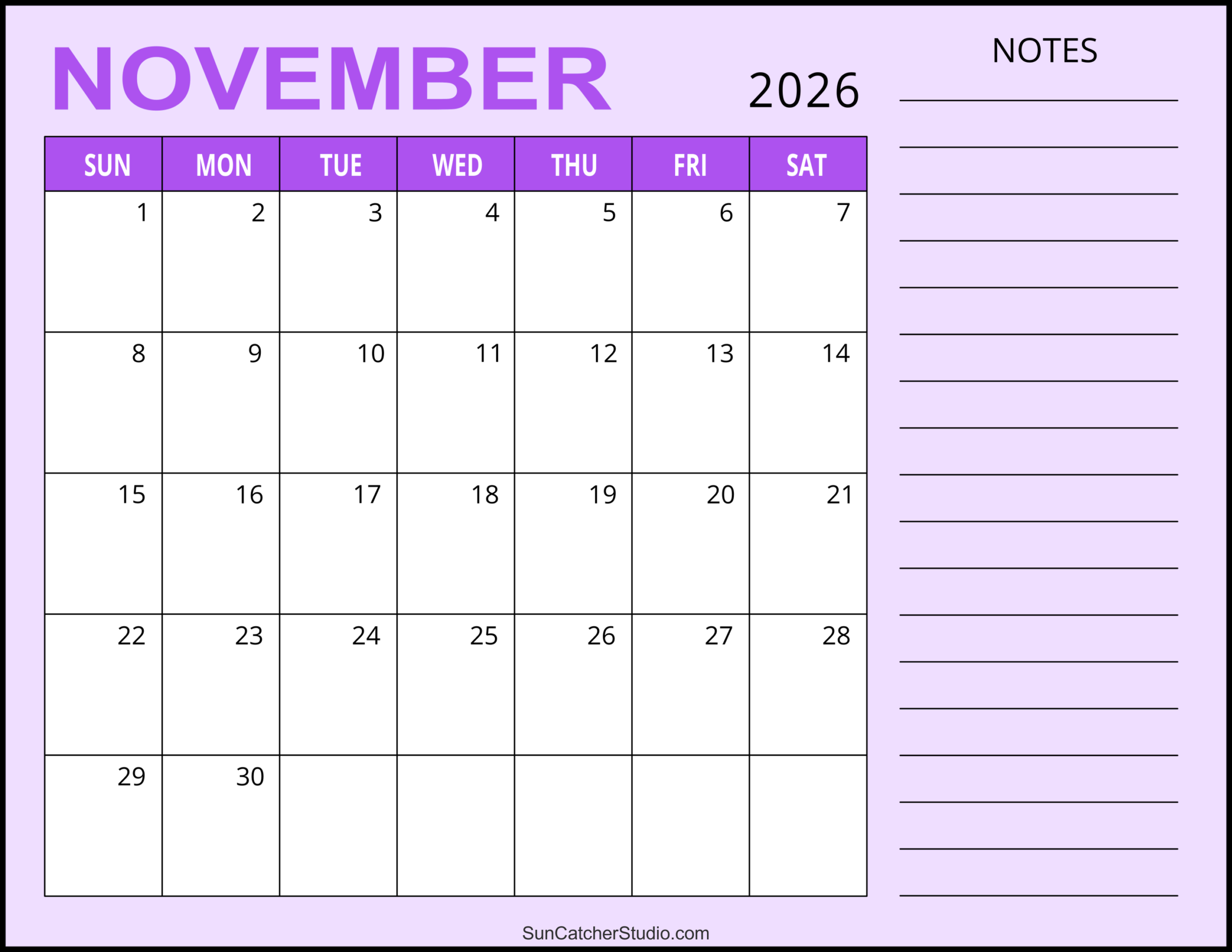 Blank November 2026 Calendar Printable Pdf