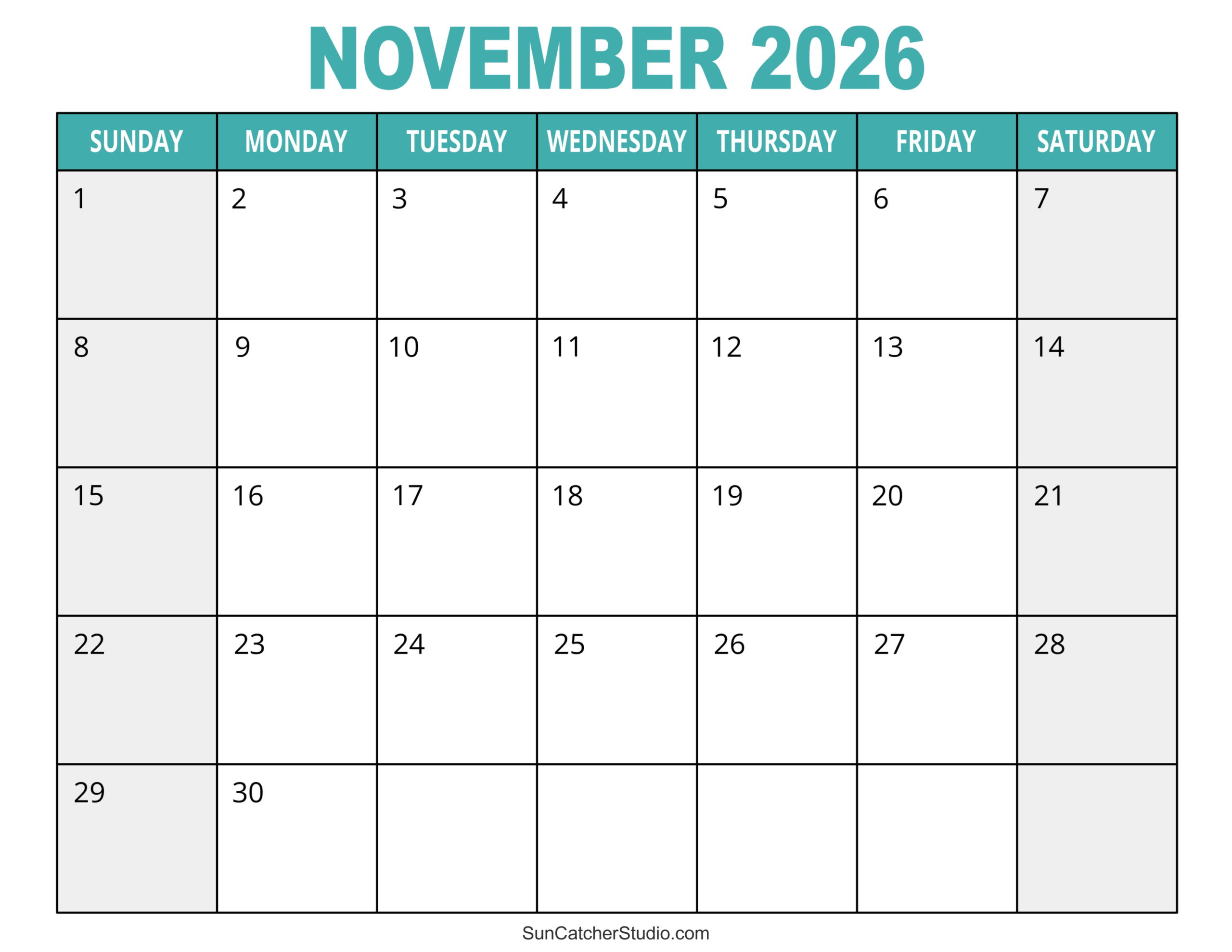November Calendar 2026 Printable For Kindergarten