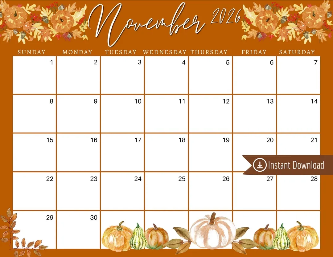 November 2026 Calendar Orange Fallen Leaves Planner PDF PNG 