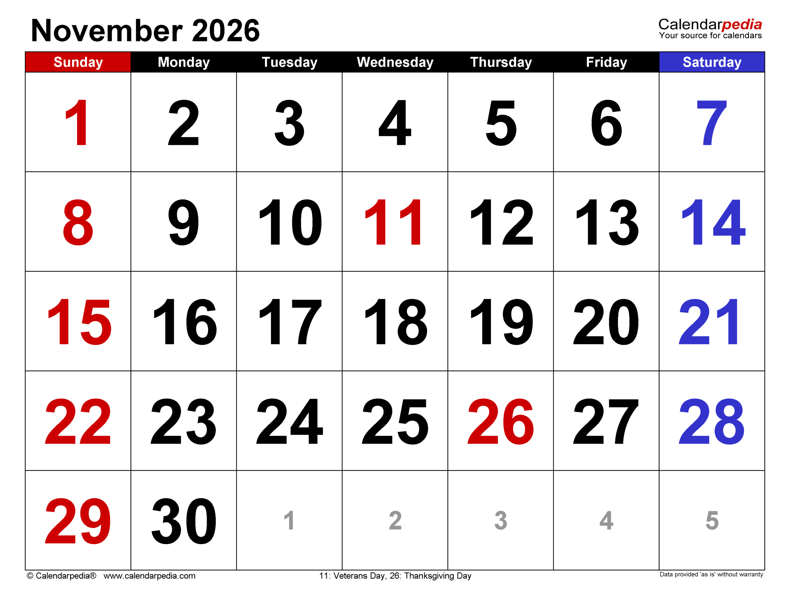 Calendar 2026 November Printable With Holiday