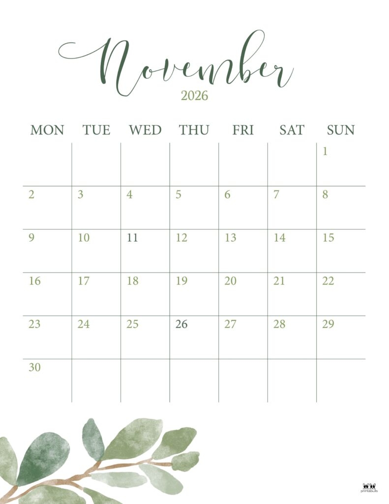Free Printable Vertical November 2026 Calendar