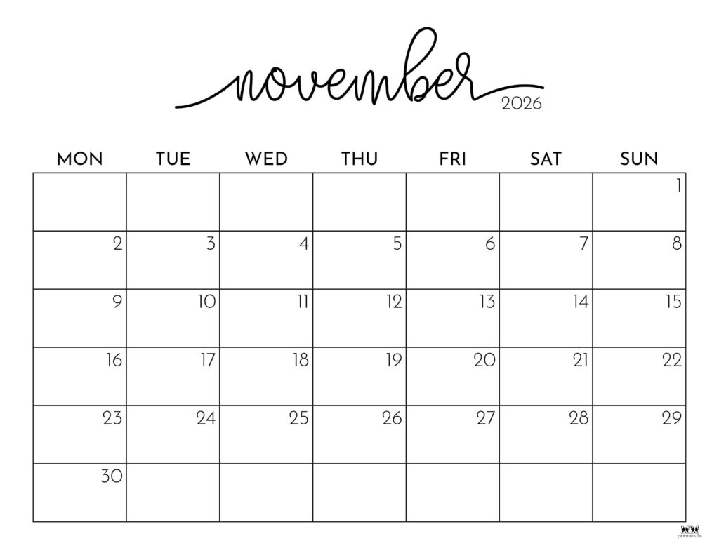 Printable Kids November 2026 Calendar