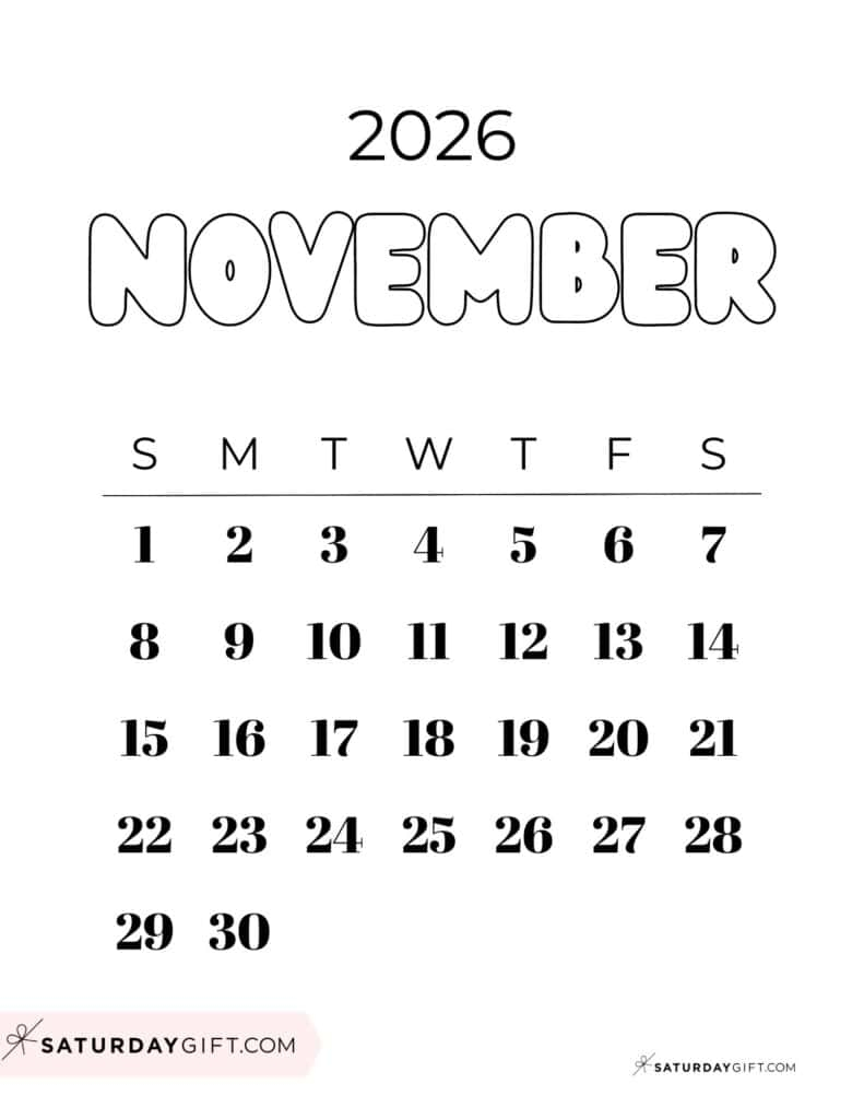 November 2026 Calendars 23 Cute Free Printable PDFs By SaturdayGift