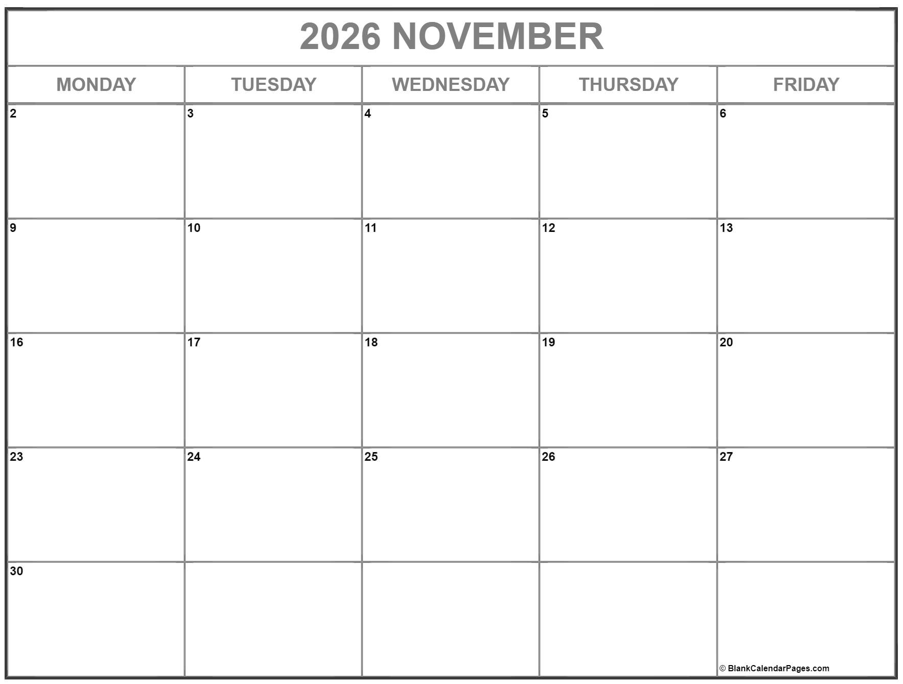 November 2026 Monday Calendar Monday To Sunday