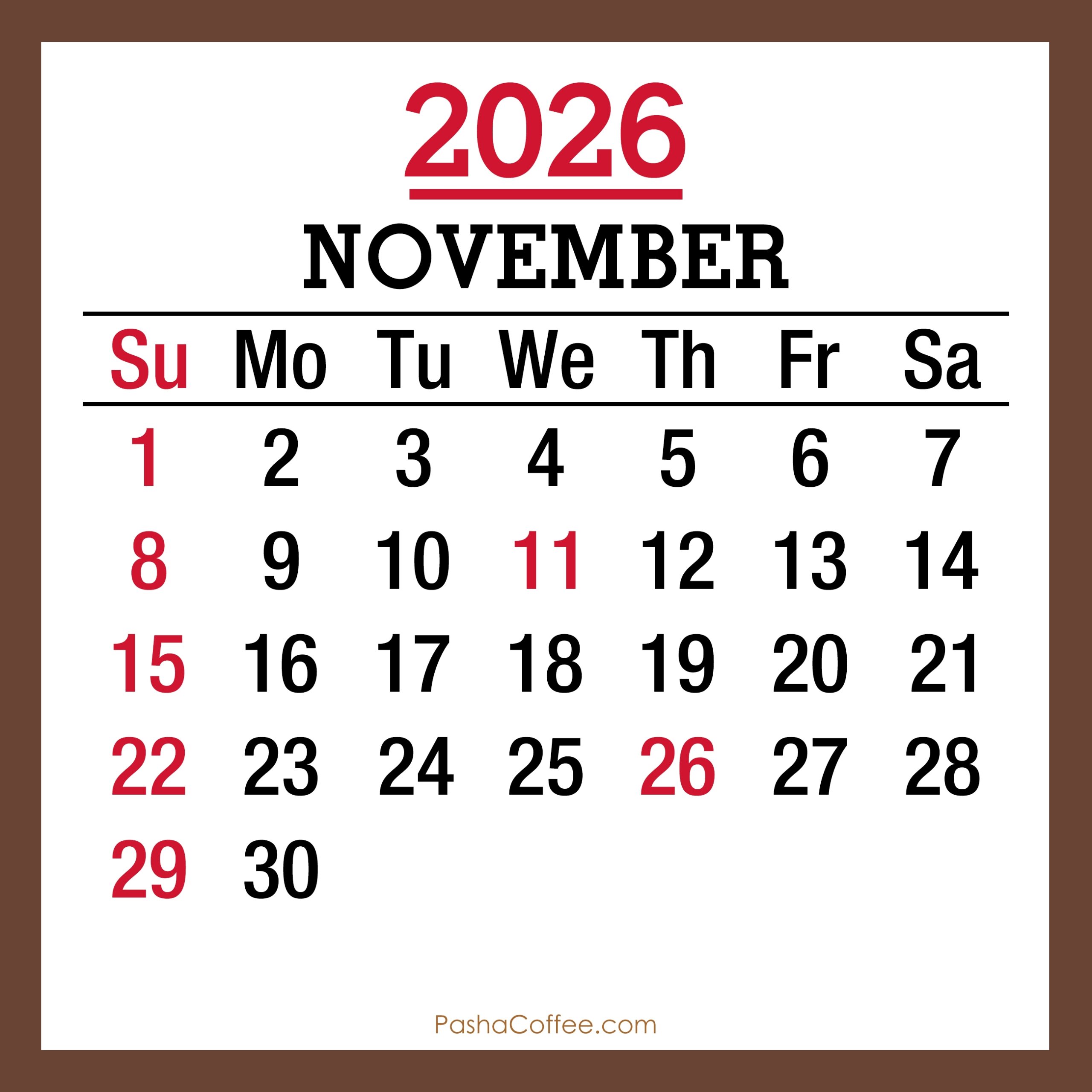 November 2026 Calendar With Holidays