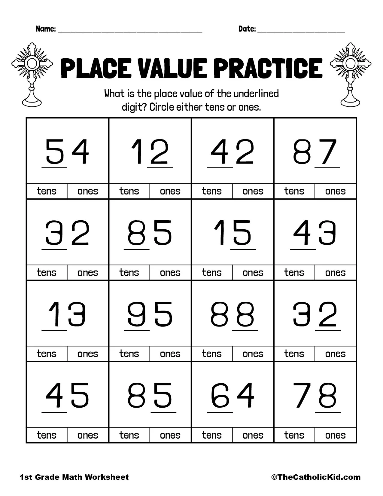 Number Place Values 1st Grade Math Worksheet Catholic 