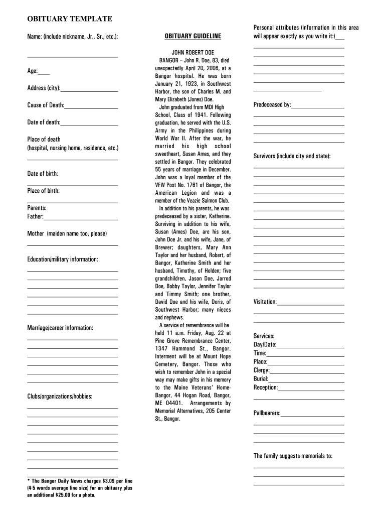Free Printable Obituary Template