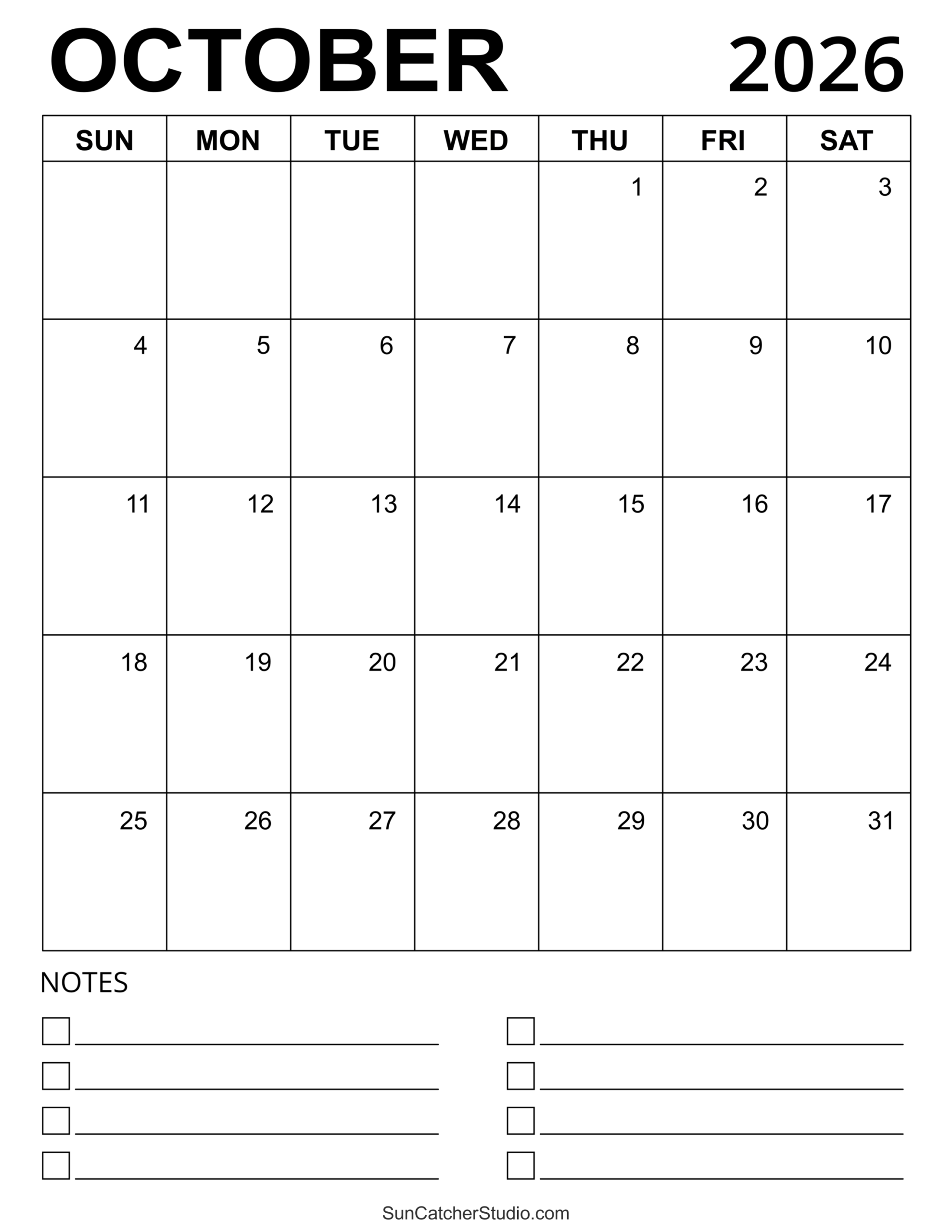 Calendar Blank October 2026 Printable