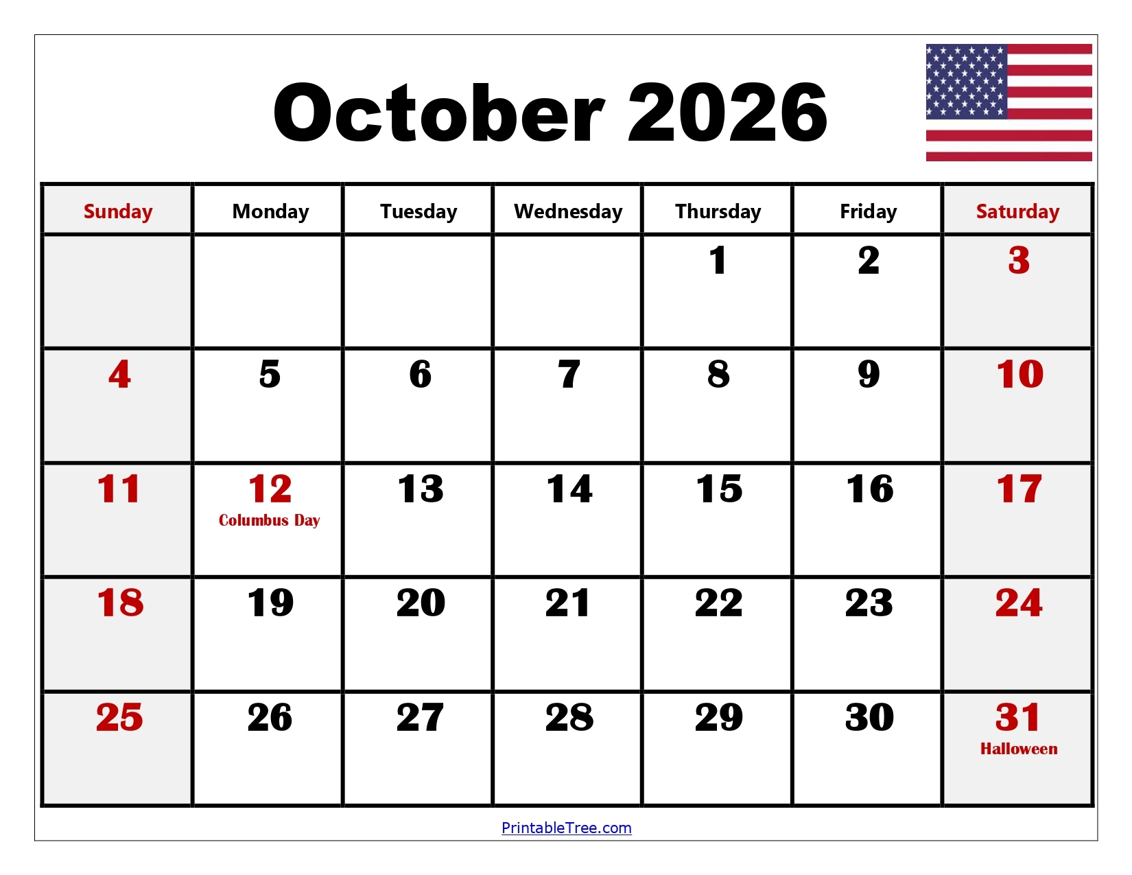 October Blank Calendar 2026 Printable