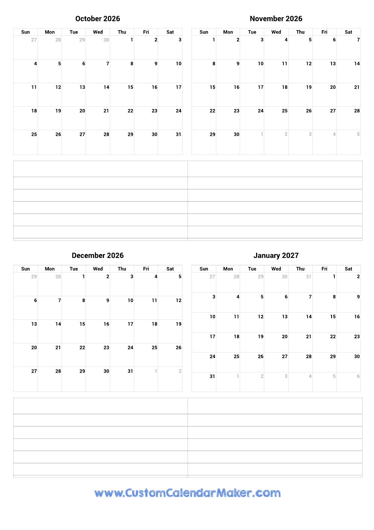 October 2026 To September 2027 Calendar
