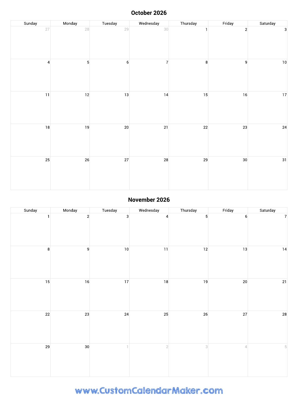 October November 2026 Calendar Printable