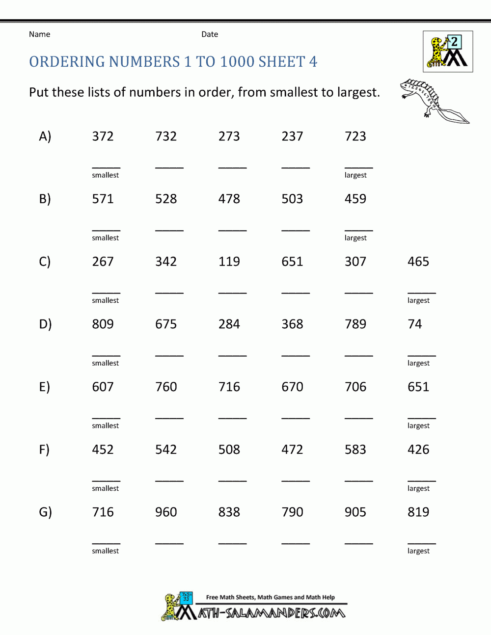Ordering Numbers Worksheets Up To 1000