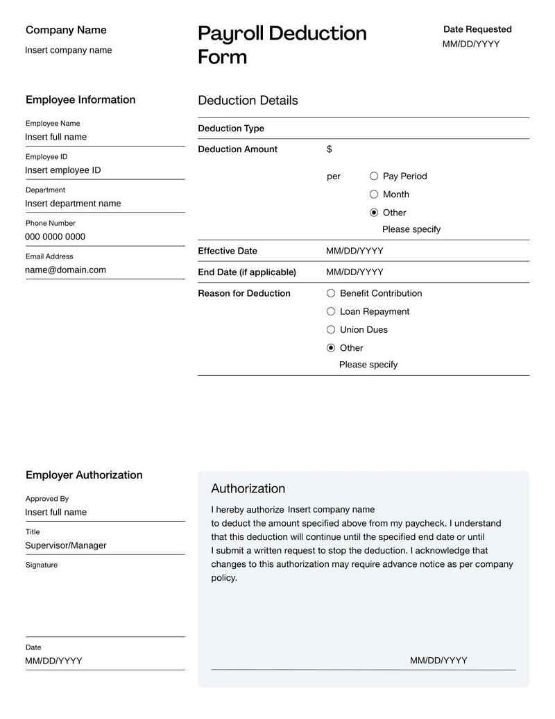 Payroll Deduction Form Template Fill And Sign With Lumin