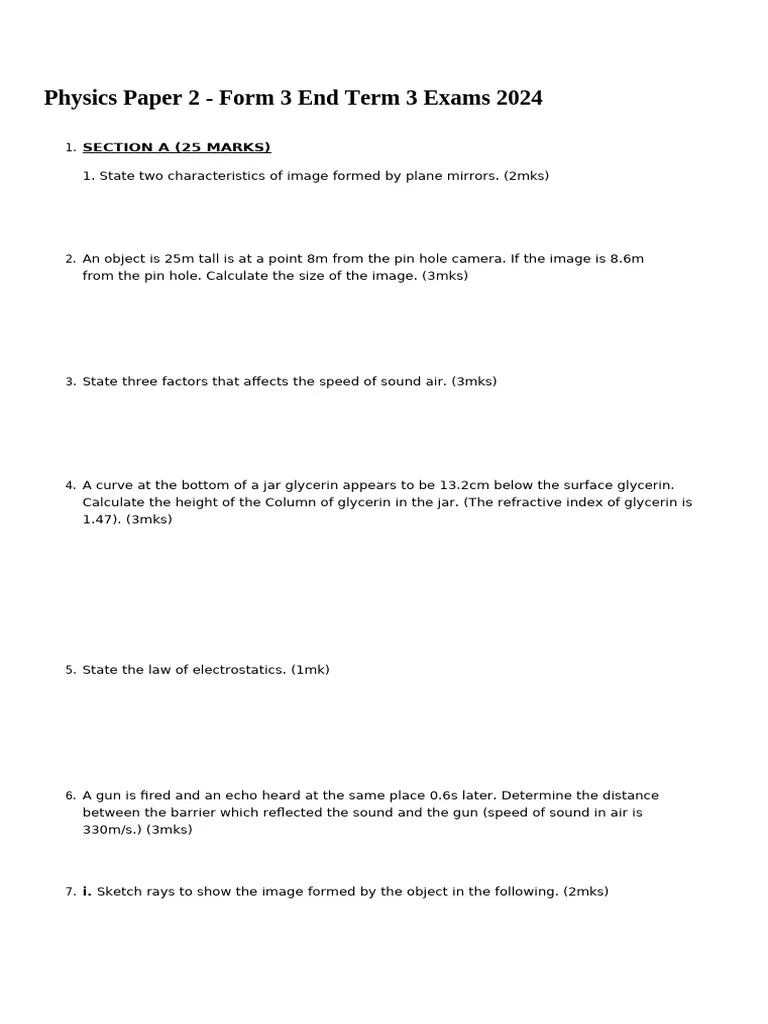 Physics Paper 2 Form 3 End Term 2 Exams 2024 Set 1 1771 PDF 