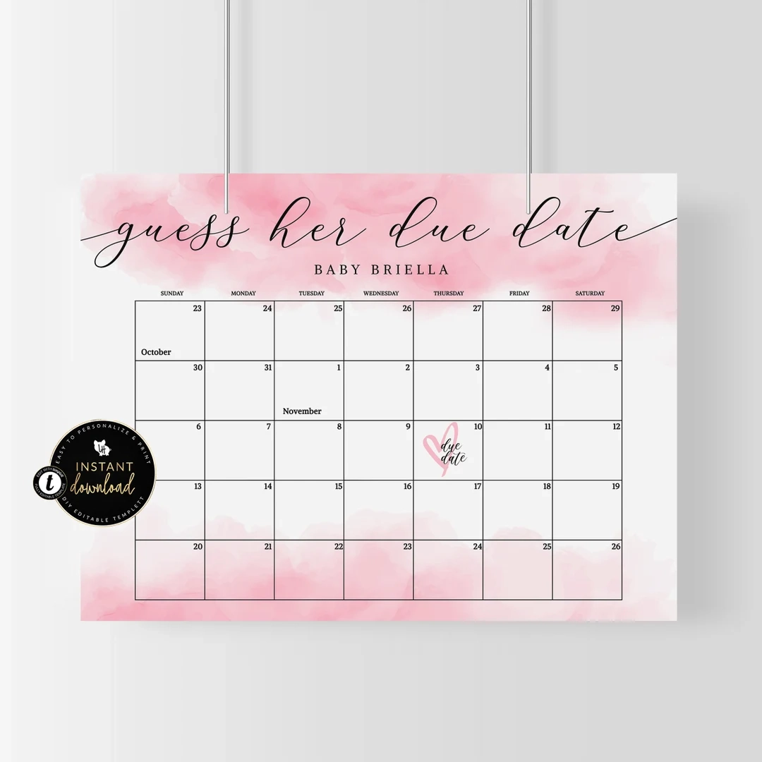 Pink Watercolor Due Date Calendar Girl Due Date Calendar Guess 